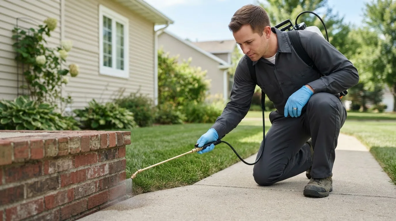 Pest control technician treating a home near Grand Mound, IA