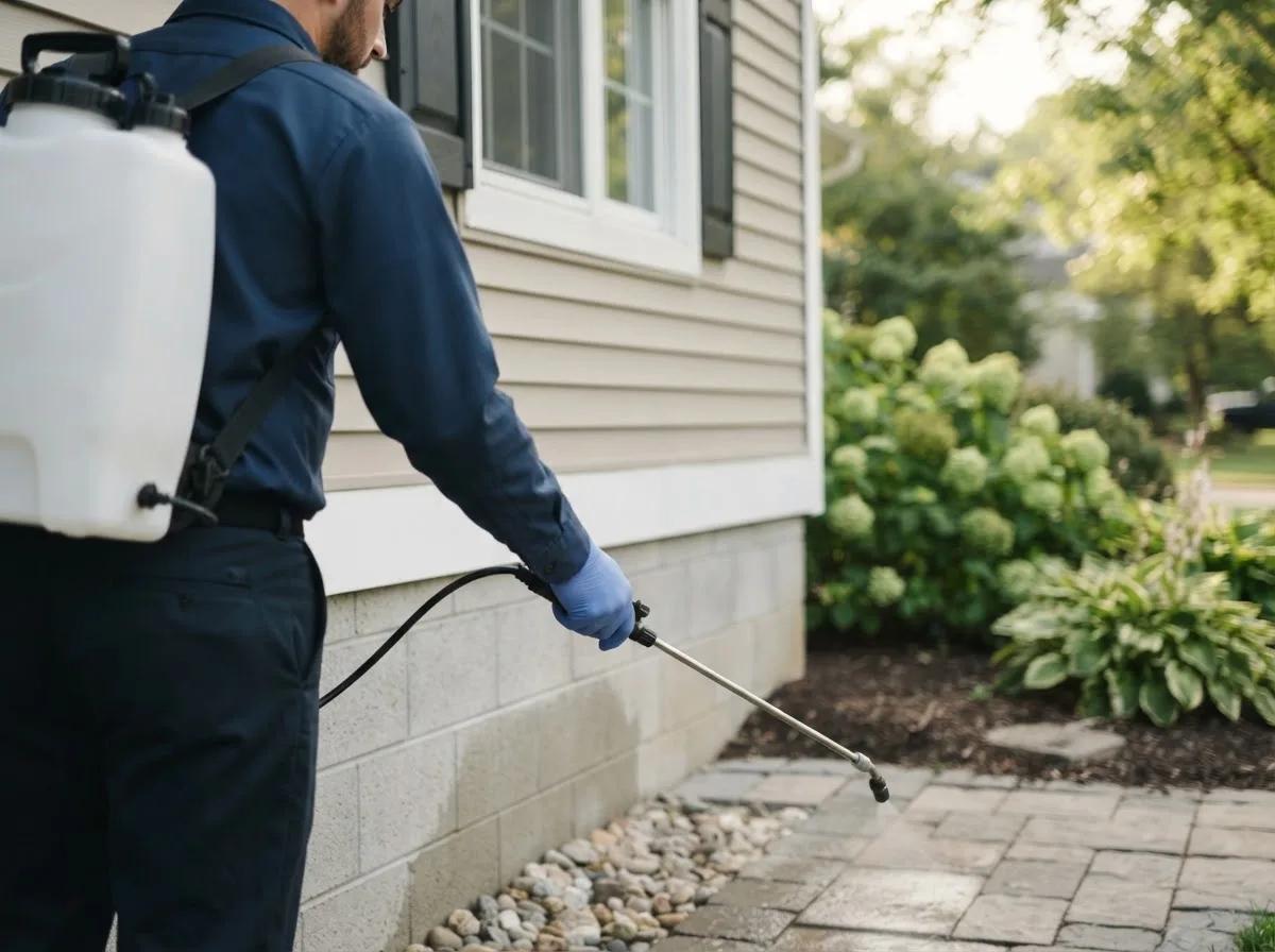 Pest control technician inspecting a home in Grand Mound, IA